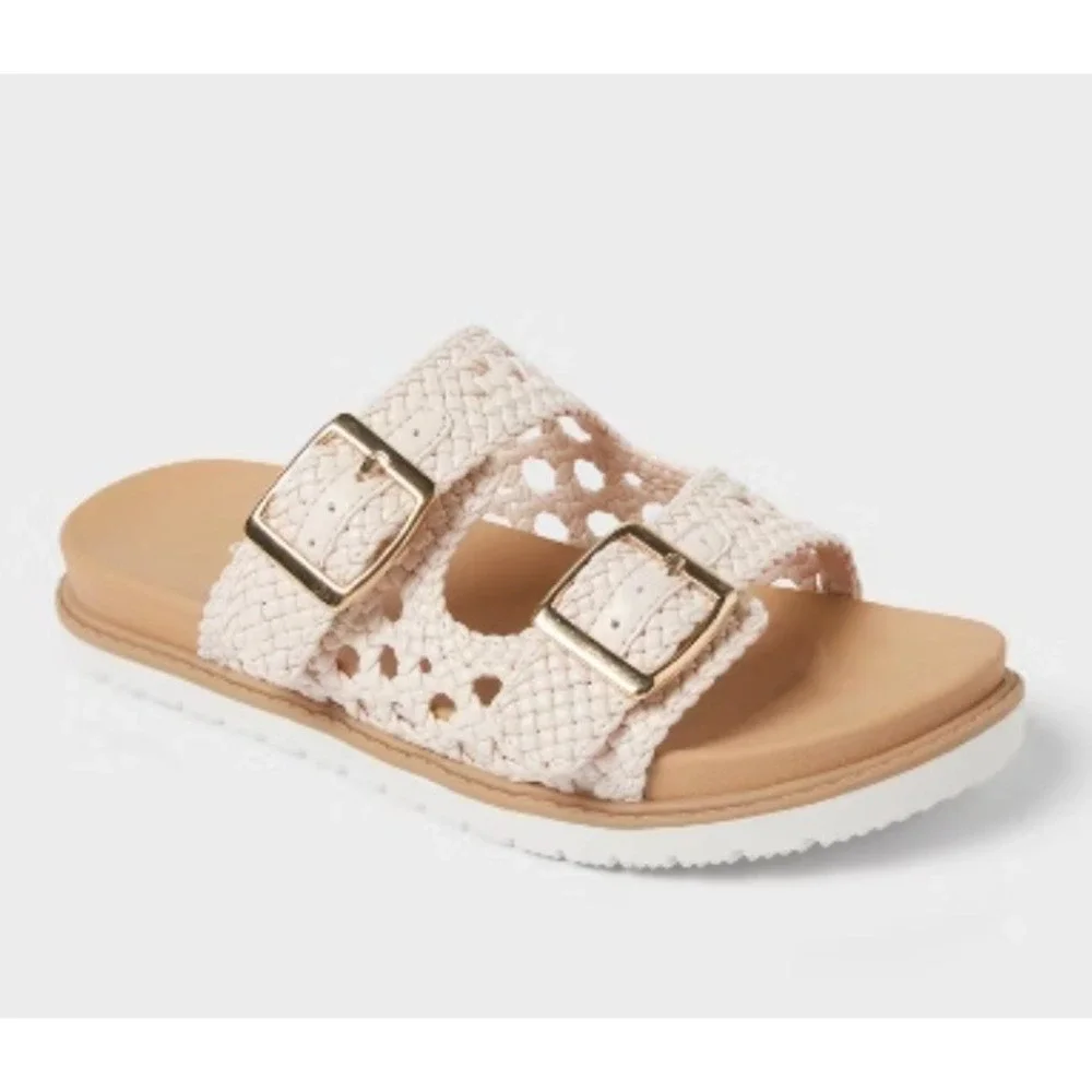 Cat & Jack‎ Woven Slide Sandals Girls Size 3 White Braided Buckle Straps NWT
